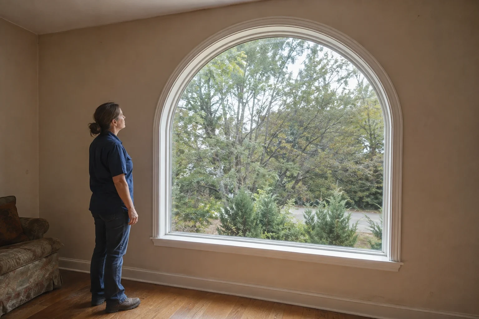 Woman looking at a large arched window with a white frame.
