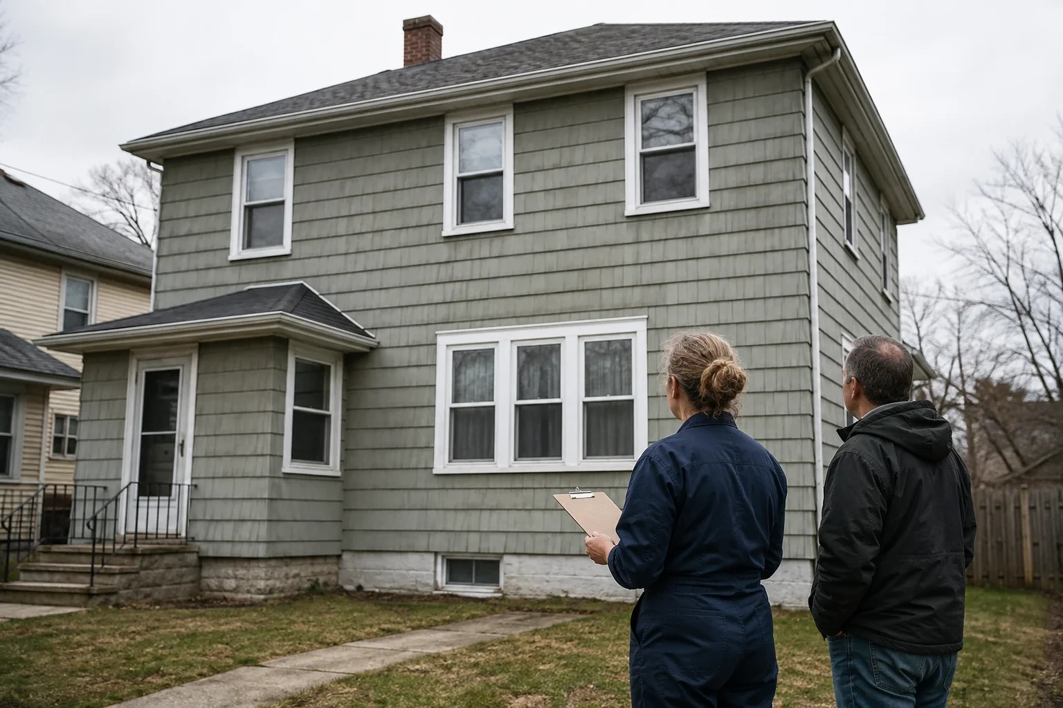 Two people reviewing windows across a two-story house.